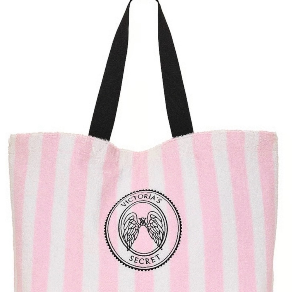 Victoria's Secret Pink & White Striped Tote with Black Handles